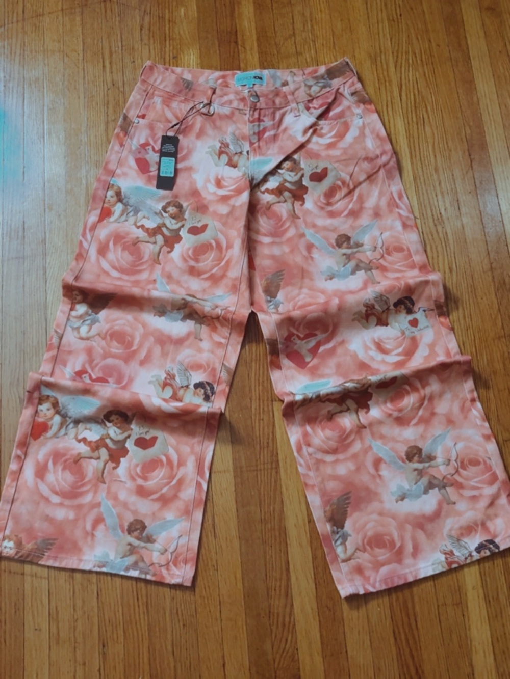 Women’s Pink Cherub Print Wide-Leg Jeans